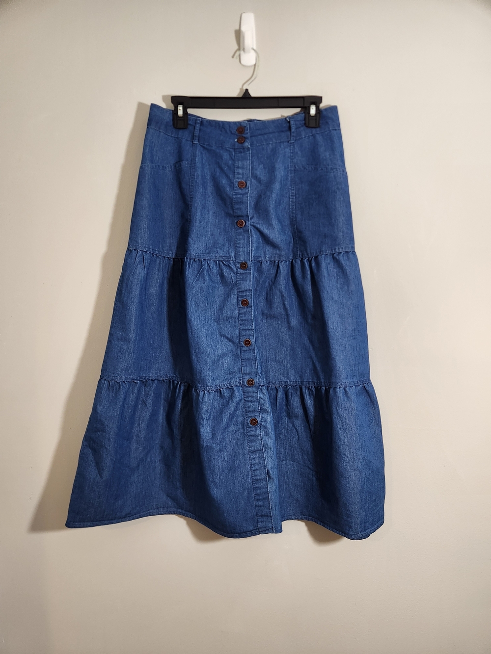 Earth Mama Button-Front Denim Tiered Skirt Hippie Crunchy Granola Teachercore